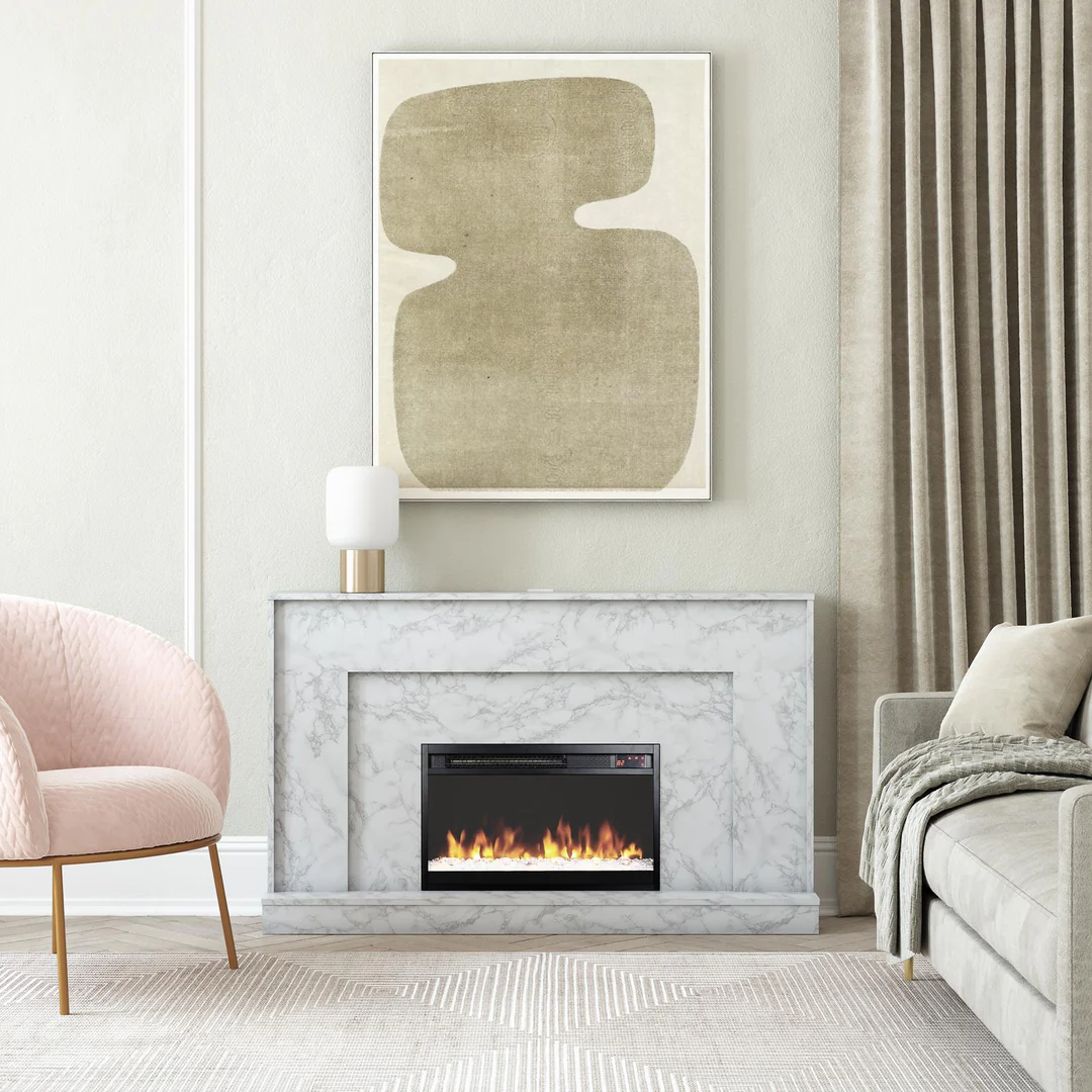 electric fireplace with a marble surround. 
