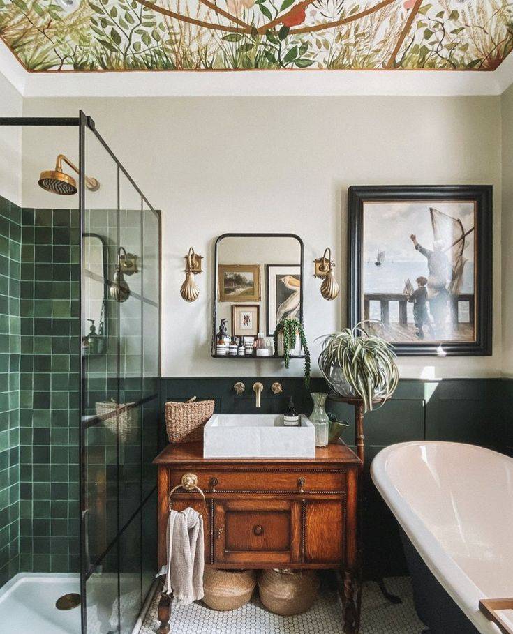 Green wainscoting and green shower tile 