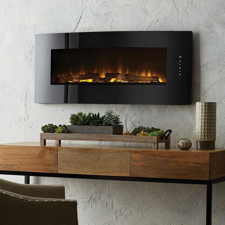 Black electric fireplace on wall over desk