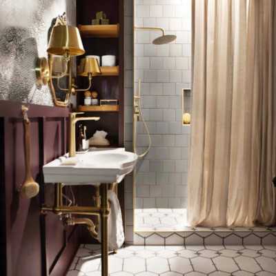 Brown and gold detail in bathroom with tile floor