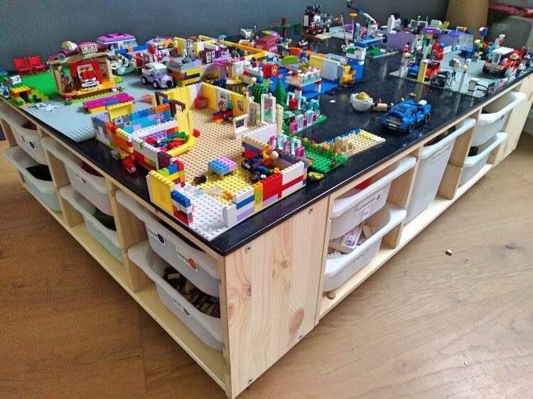 KEA TROFAST organizers on caster wheels to make this giant Lego table.