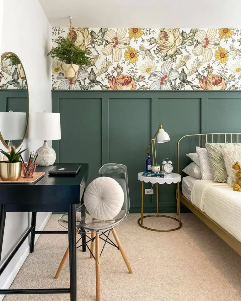 Floral wallpaper paired with green board.