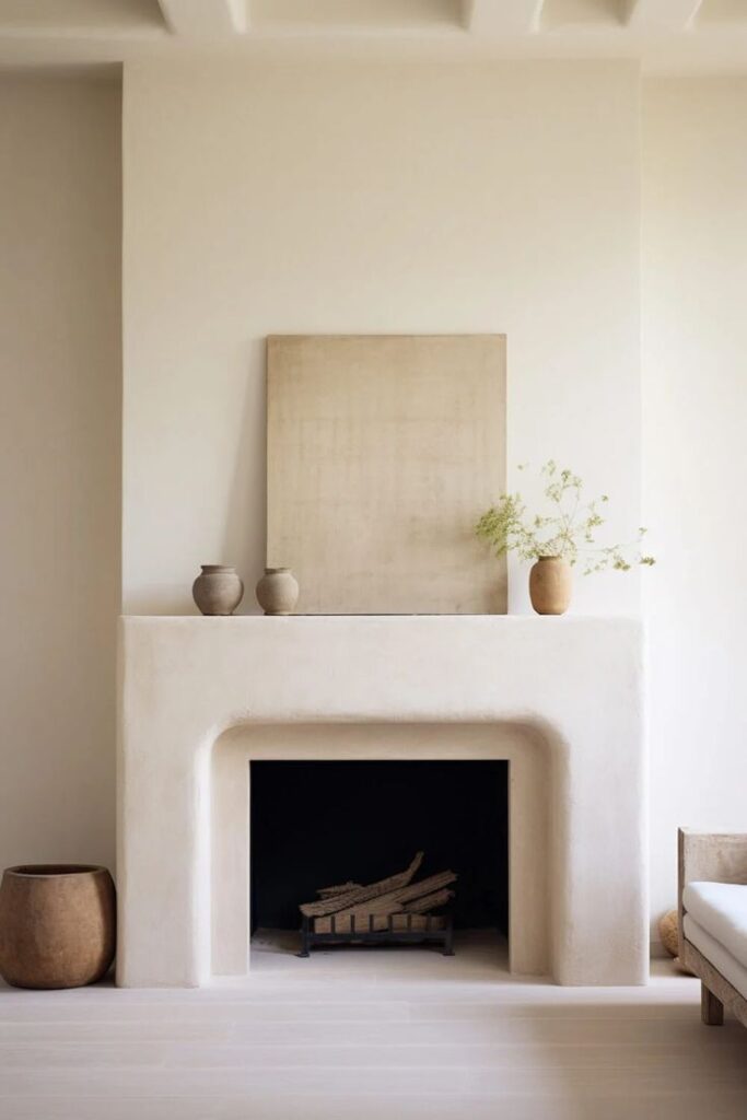 Cream colored stucco fireplace with beige painting