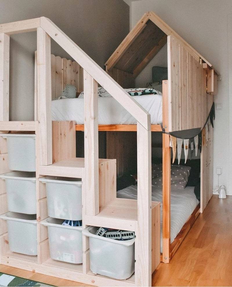 Ikea Trofast bins used under stairs of wooden bunkbed