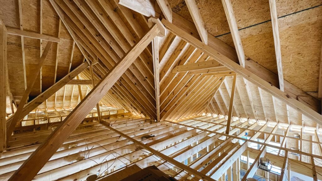 brown wooden ceiling with white ceiling