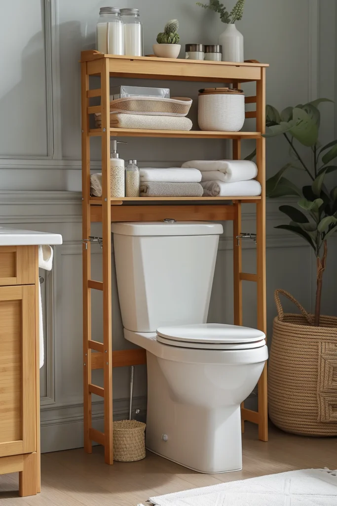 Bamboo shelf with white towels over white toilet