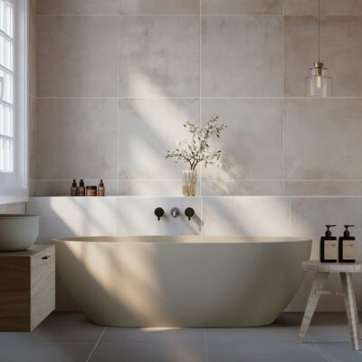 A luxurious bathroom with a freestanding bathtub.