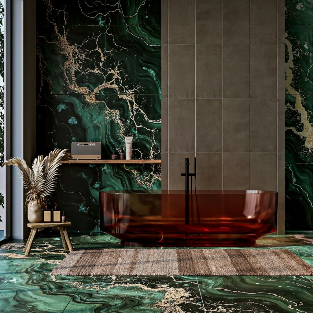 A luxurious bathroom features malachite stone and amber bathtub.